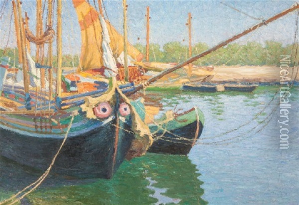 Docked Ships Oil Painting - Josef Maria Auchentaller