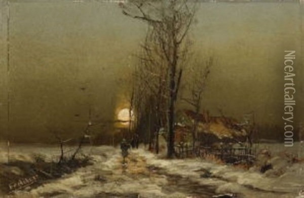 Winterlandschaft Mit Bauernhaus Und Wanderern Oil Painting - Otto Fedder