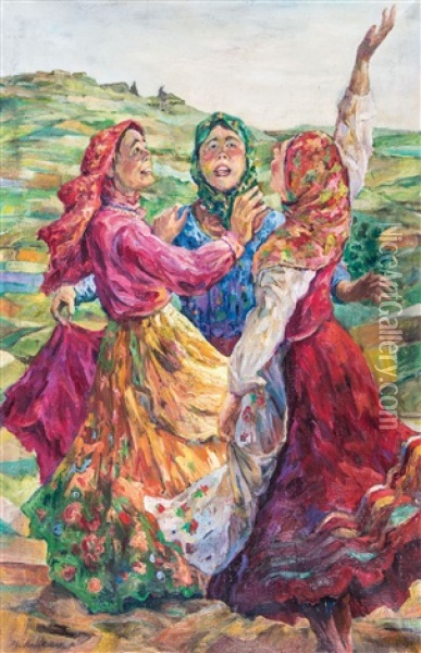 Drei Tanzende Bauerinnen In Farbenfrohen Gewandern Oil Painting - Filip Malyavin