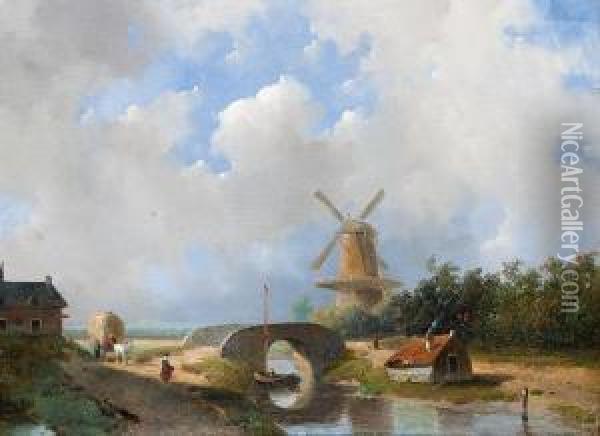 Activity Along The Water's Edge With Amill In The Background Oil Painting - Jacobus Adrianus Vrolijk