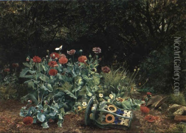 Summer Flowers In A Quiet Corner Of A Garden Oil Painting - David Bates