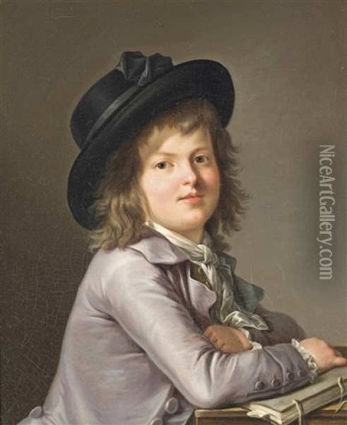 Portrait Of A Young Boy, Half-length, In A Grey Jacket And A Black Hat, At A Table With A Book Oil Painting - Marie-Victoire Lemoine