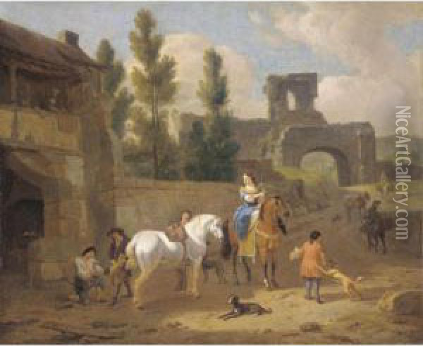 An Italianate Landscape With Elegant Figures Outside A Blackmith's Forge Oil Painting - Dirck Maas