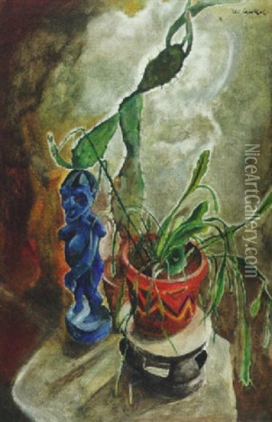 Stilleben Mit Kaktus Und Blauer Afrikanischer Skulptur Oil Painting - Willi Jaeckel