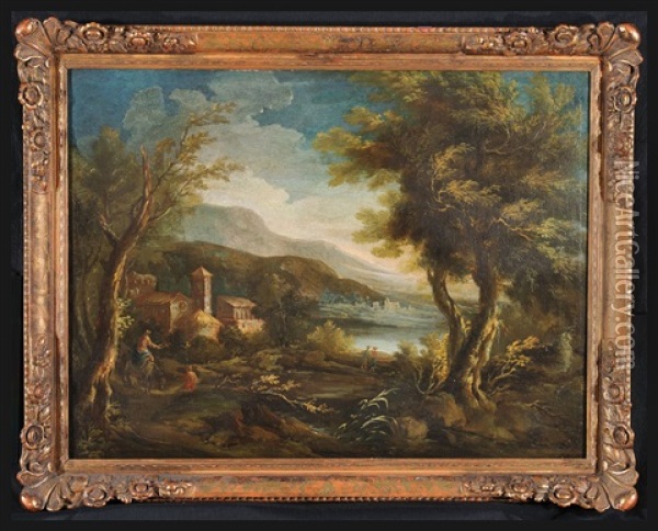 Paesaggio Lacustre Con Viandanti E Edifici In Lontananza Oil Painting - Antonio Francesco Peruzzini