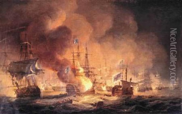 Battle Of The Nile, August 1st, 1798 At 10 Pm Oil Painting - Thomas Luny