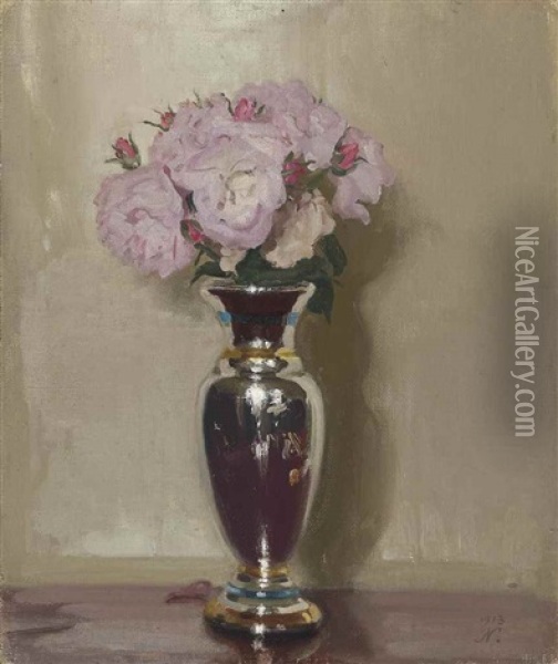 Pink Roses In A Silver Lustre Vase Oil Painting - William Nicholson