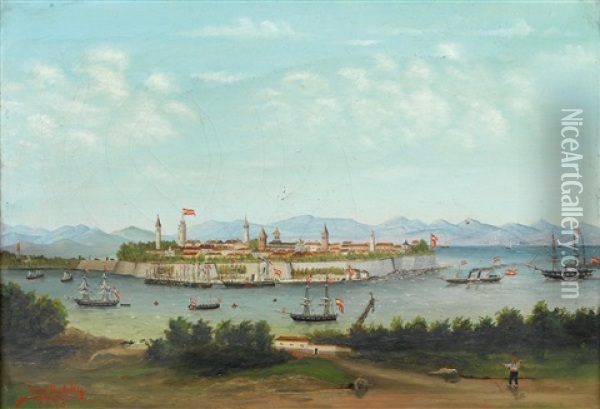 Der Hafen Von Ragusa Mit Osterreichischer Flotte Oil Painting - Ludwig Rubelli Von Sturmfest