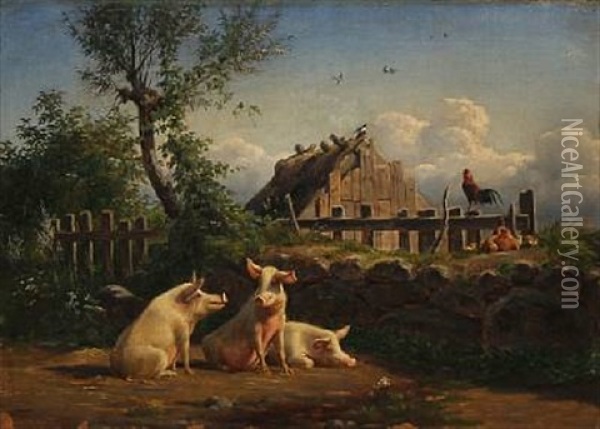 Farm Idyll With Pigs And Chickens Oil Painting - Carl Henrik Bogh