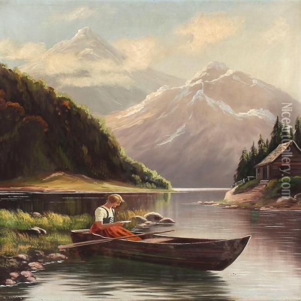 Norwegian Fiord Scene With S Woman In A Rowing Boat