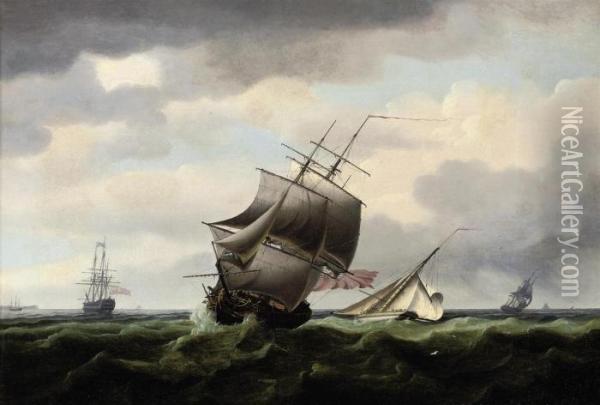 A Royal Naval Frigate Running 
Down The Channel With A Cuttershortening Sail Off Her Stern And A Large 
Man-o'war Anchored Offthe North Foreland Oil Painting - Thomas Whitcombe