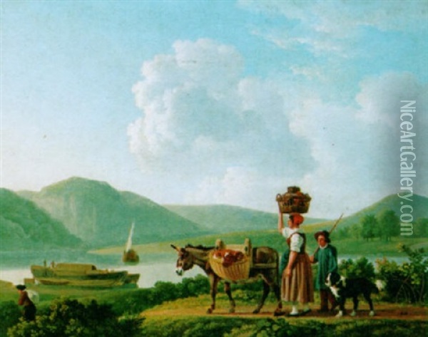 A River Landscape With Peasants On Their Way To The Market Oil Painting - Leendert de Koningh