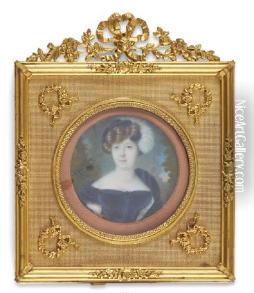 Portrait De Jeune Femme A La Robe De Velours Bleu Decolletee Et Portant Un Chapeau Orne D'une Plume D'autruche Blanche Retombant Oil Painting - Pierre Charles Cior