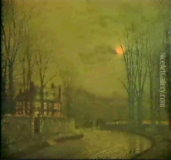 A Wooded Lane By Moonlight In Winter Oil Painting - John Atkinson Grimshaw