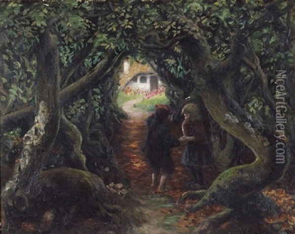 Hans Og Grethe I Skoven Ved Pandekagehuset Oil Painting - Hans Andersen Brendekilde
