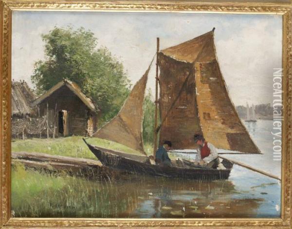 Landskap Med Figurer I Eka Oil Painting - Olof Hermelin