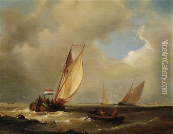 A Platbodem Sailing Under Dutch Flag Oil Painting - Abraham Hulk the Younger