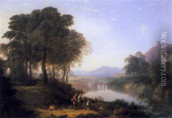 Travellers In A Wooded River Landscape, A Bridge In The Distance Oil Painting - William Traies