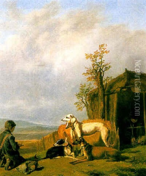 Boy With Lurchers In A Landscape Oil Painting - Guillaume Anne Van Der Brugghen