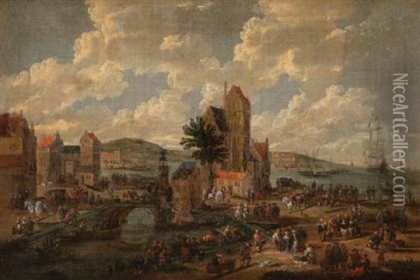 Village En Bord De Riviere Anime De Personnages Oil Painting - Pieter Bout