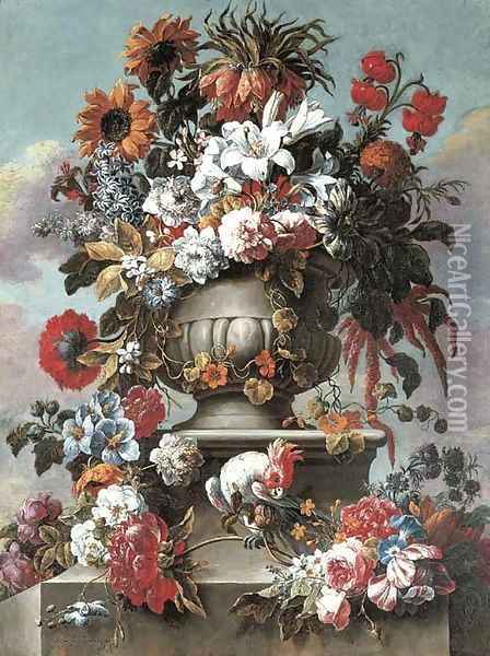 Lillies, peonies, sunflowers, foxglove and other flowers in an urn with a cockatoo on a stone ledge Oil Painting - Gaspar-pieter The Younger Verbruggen