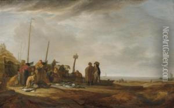 Dunen- Und Strandansicht Mit Leuchtturm Und Fischern Oil Painting - Simon De Vlieger