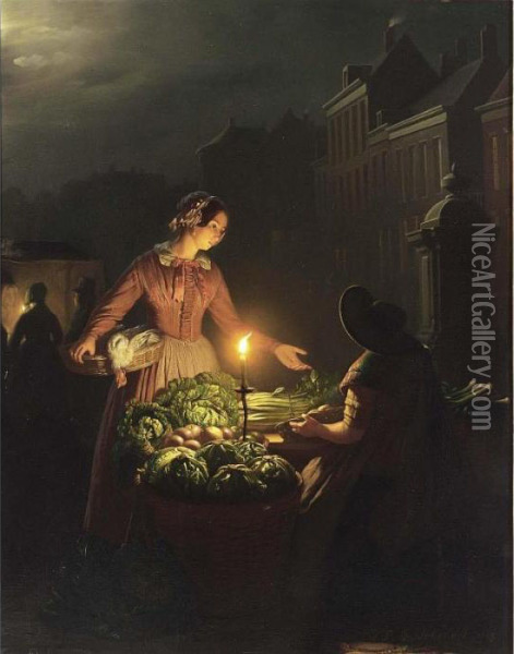 A Vegetable Seller By Candle Light Oil Painting - Petrus van Schendel