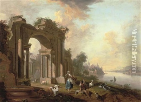 An Architectural Capriccio With A Shepherd And A Washerwoman By A River, A Town Beyond Oil Painting - Christian Georg Schuetz the Younger