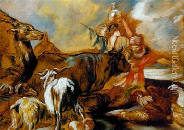 Noah Weist Den Tieren Den Weg In Die Arche Oil Painting - Giovanni Benedetto Castiglione