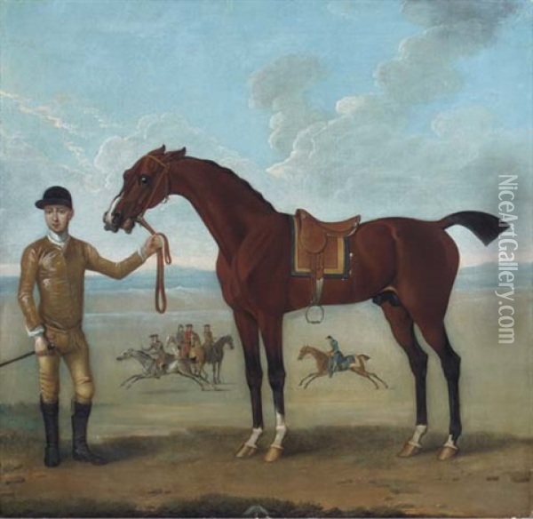 The Duke Of Devonshire's "flying Childers" Held By A Jockey, With Horses Exercising Beyond Oil Painting - James Seymour