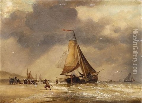 Fish Arriving, Scheveningen Beach Oil Painting - Edward William Cooke