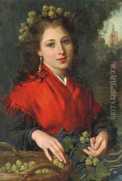 The Red Shawl Oil Painting - Pierre-Louis-Joseph de Coninck