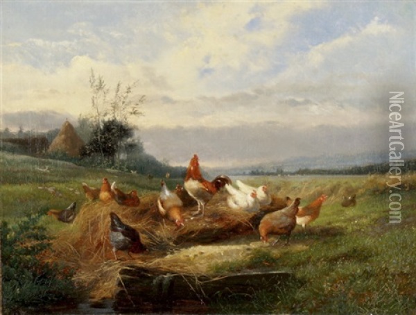 Huhner Und Hahn In Sommerlicher Landschaft Mit Heuhaufen Oil Painting - Jean-Baptiste Leopold van Leemputten