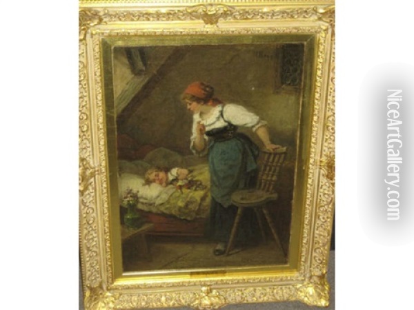 Interior With Sleeping Child Oil Painting - Wilhelm Roegge