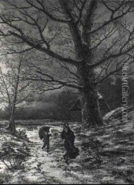 Wooded Winter Landscape With A Woman And Children On A Snowy Path Oil Painting - Hendrik Barend Koekkoek