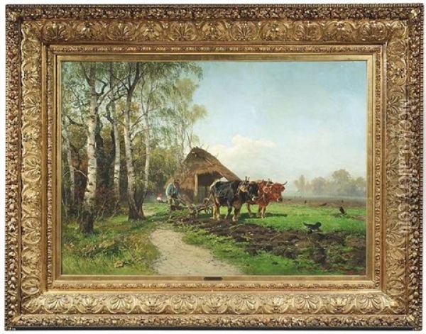 Pflugender Bauer Mit Seinem Ochsengespann Vor Einer Hutte Am Waldrand Oil Painting - Gustav Ranzoni