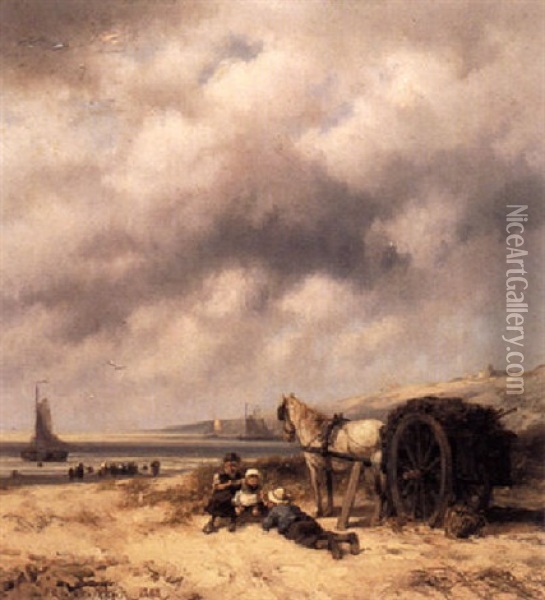 Children With A Horse-cart In The Dunes Oil Painting - Johannes Hermanus Barend Koekkoek