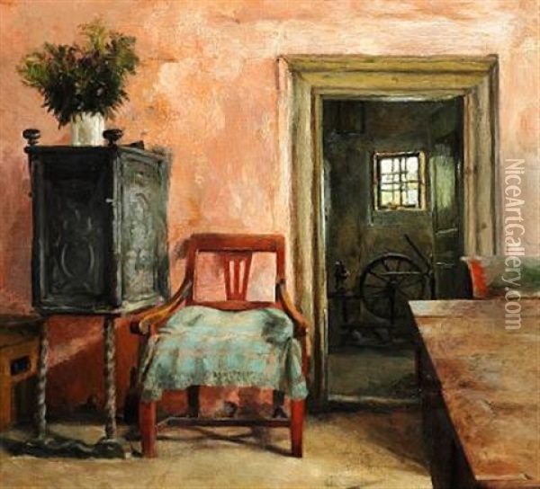 Rosy Interior With A Cast Iron Oven And A Spinning Wheel In The Room Next Door Oil Painting - Marie Kroyer