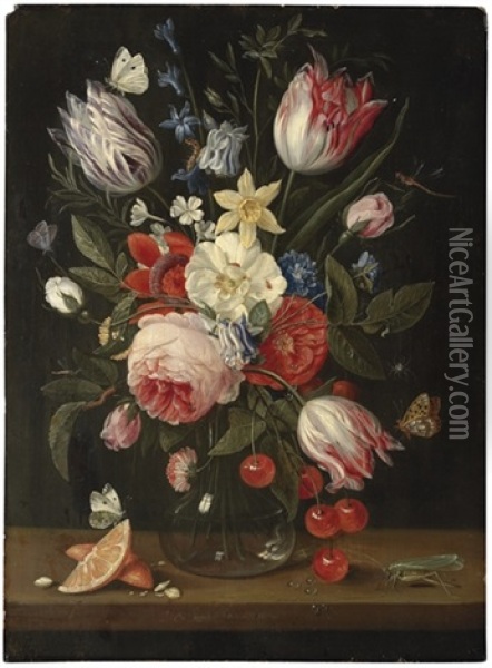 Tulips, Peonies, Cornflowers, Roses And Other Flowers In A Glass Vase Oil Painting - Jan van Kessel the Elder