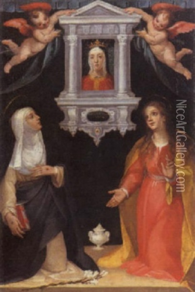 Santa Caterina Da Siena E Maria Maddalena Adorano L'effige Della Madonna Racchiusa In Un'edicola Oil Painting - Ventura Salimbeni