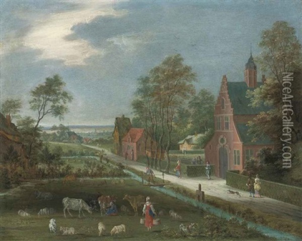 A Village Landscape With A Milkmaid, Cattle And Other Figures Oil Painting - Peter Gysels