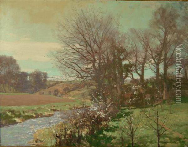 A River Landscape With Trees Oil Painting - George Houston