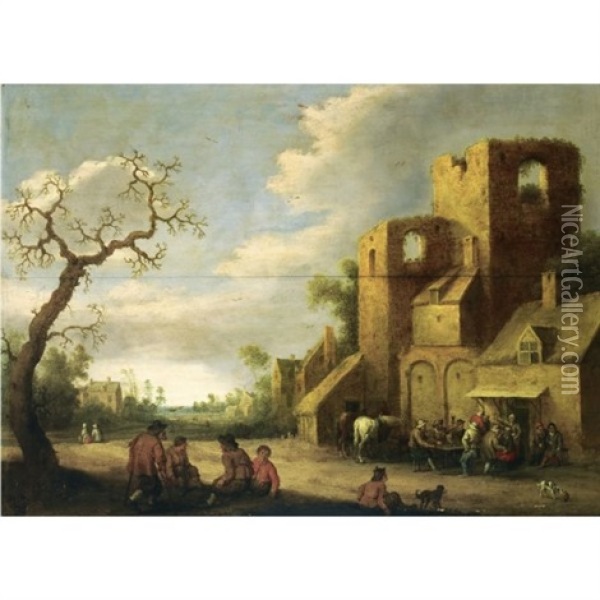 A Village Scene With Peasants Drinking Outside An Inn, Other Figures Resting Beneath A Tree Oil Painting - Joost Cornelisz. Droochsloot