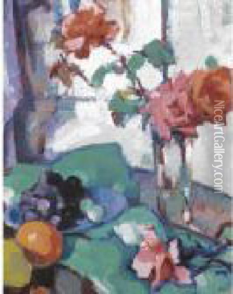 Still Life Of Roses With A Green Tablecloth Oil Painting - Samuel John Peploe