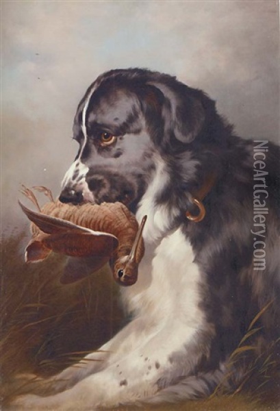 A Retriever With A Woodcock Oil Painting - Sir Edwin Henry Landseer