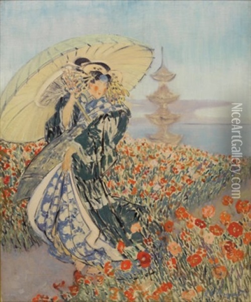 Japanese Woman In Flower Garden Oil Painting - Everett Lloyd Bryant