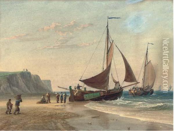 Barges Setting Off From The Beach At Cromer Oil Painting - John Cantiloe Joy