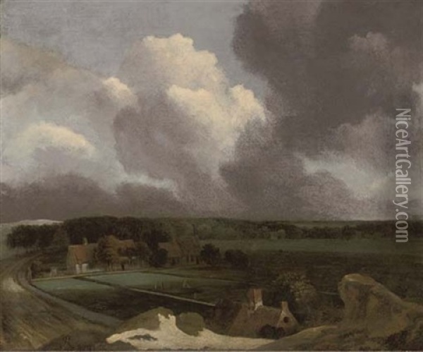 An Extensive Landscape With Farmhouses And Figures In A Bleaching Ground Oil Painting - Jacob Van Ruisdael