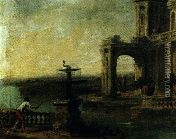 Terrasse D'un Palais Classique En Bord De Lac Oil Painting - Hubert Robert