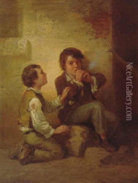 The First Lesson In Smoking, Australian Boys Oil Painting - Nicholas Chevalier